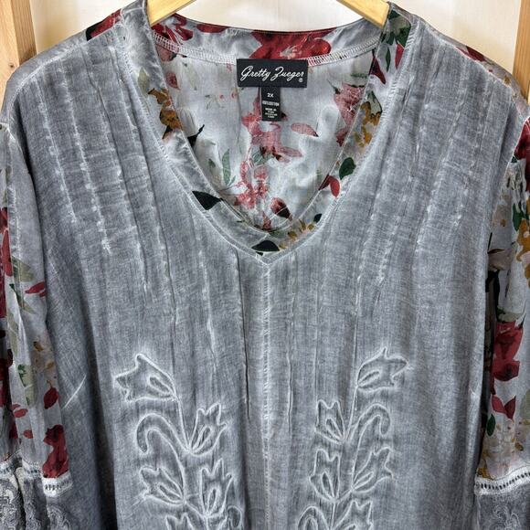 Gretty Zueger Gray V Neck Lace On Cuffs Hem High Low Tunic #1364 Size 2X - Picture 2 of 12